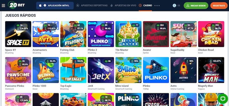 Página de juegos crash en 20Bet Casino