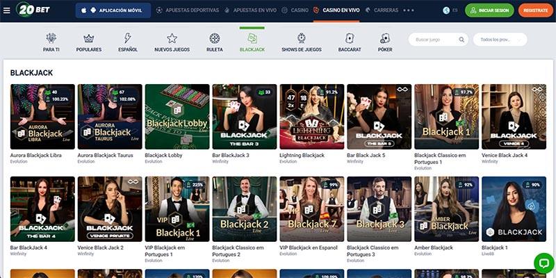Página de blackjack en vivo en 20Bet