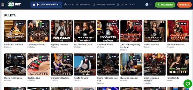 Página de ruletas online del casino 20Bet