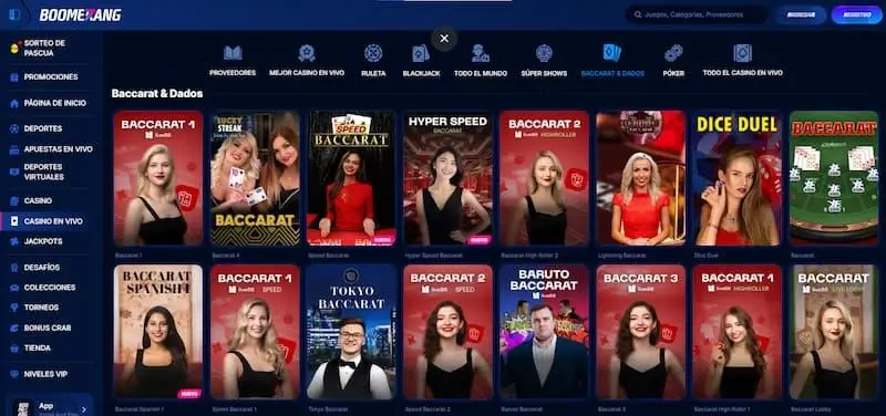 Página de baccarat en Boomerang Casino