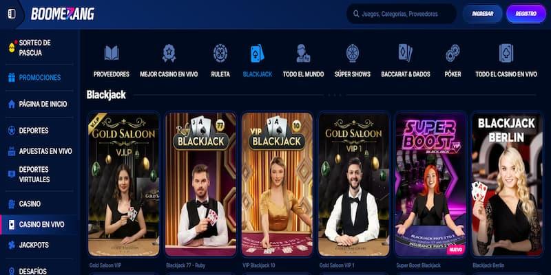 Página de blackjack en Boomerang Bet