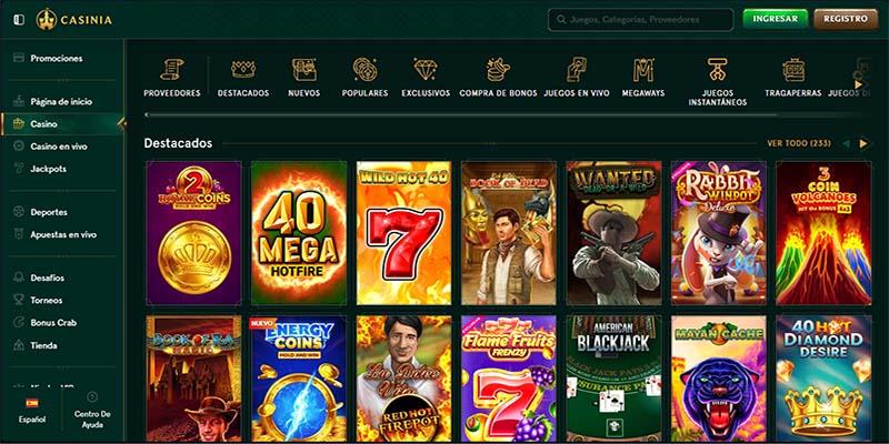 Página de juegos destacados en Casinia Casino
