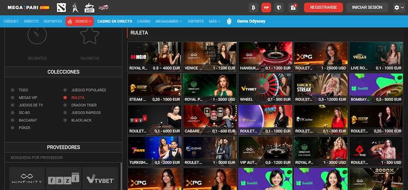 Página de ruletas online del casino Megapari