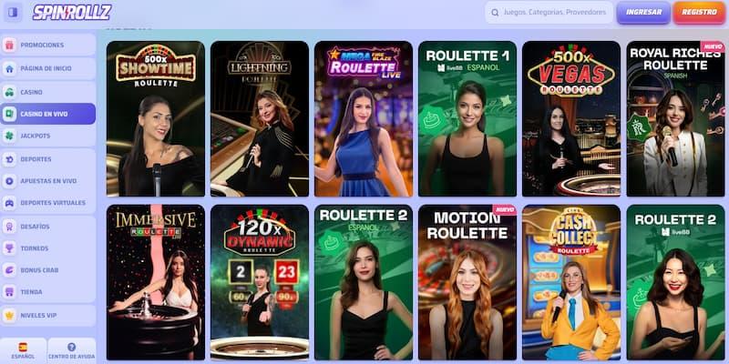 Página de ruleta en vivo no casino de Spinrollz