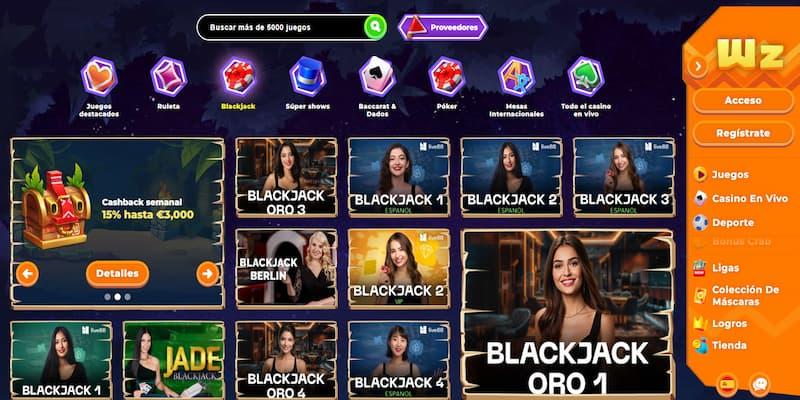 Página de blackjack en Wazamba