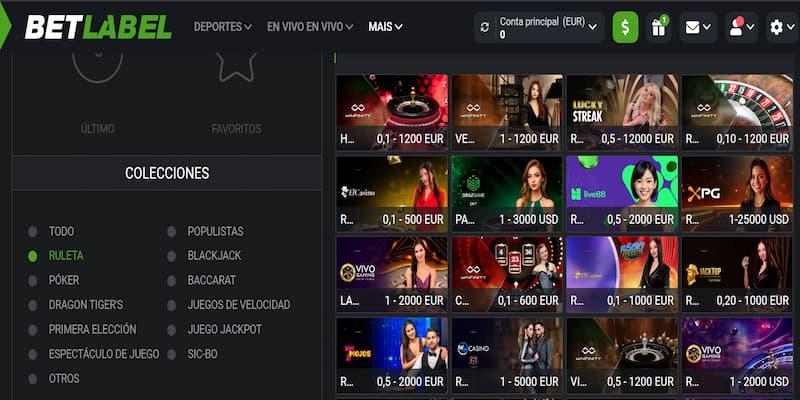 Página de ruleta en vivo no casino de Betlabel