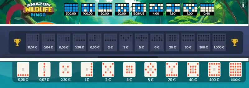 Patrones o lineas del juego Amazon Wildlife Bingo